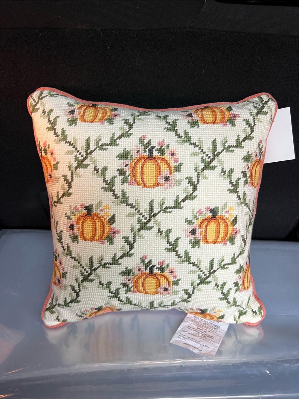 Martha Stewart Needlepoint Pillow with Pumpkin and Floral Pattern, NWT